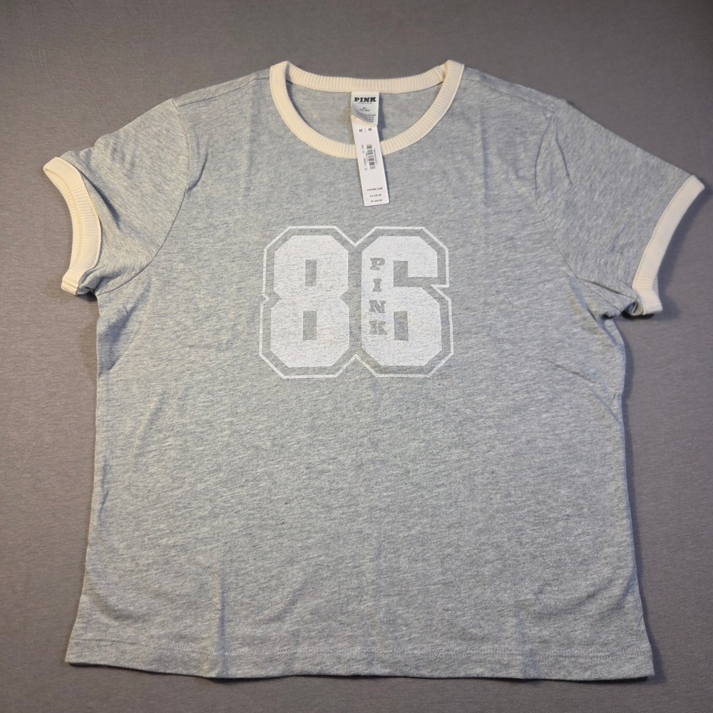 Victoria's Secret PINK Ringer Tee Grey Heather 86 Varsity Graphic Shirt Medium